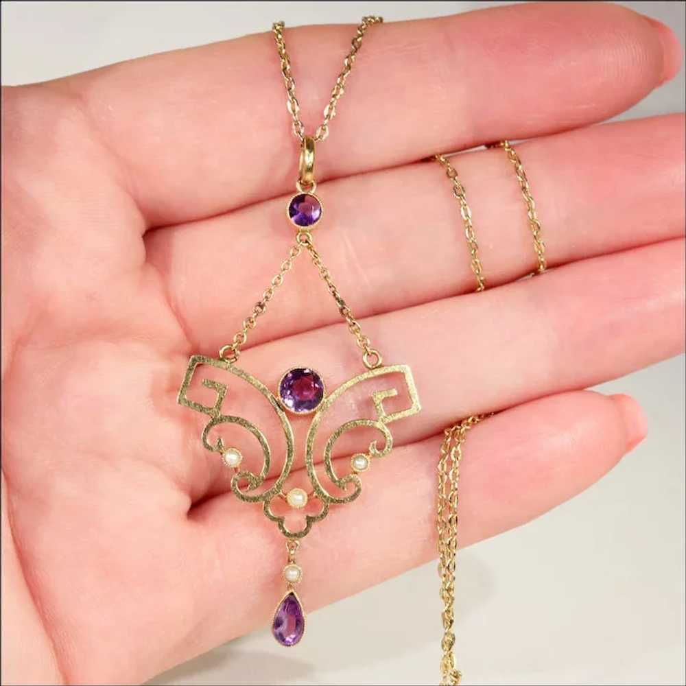 Antique Edwardian Amethyst and Pearl Lavaliere Pe… - image 5
