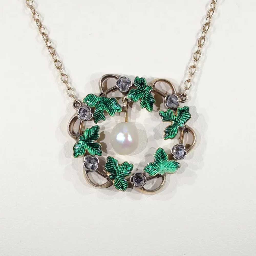 Antique Victorian Wreath Pendant Diamond Pearl En… - image 2