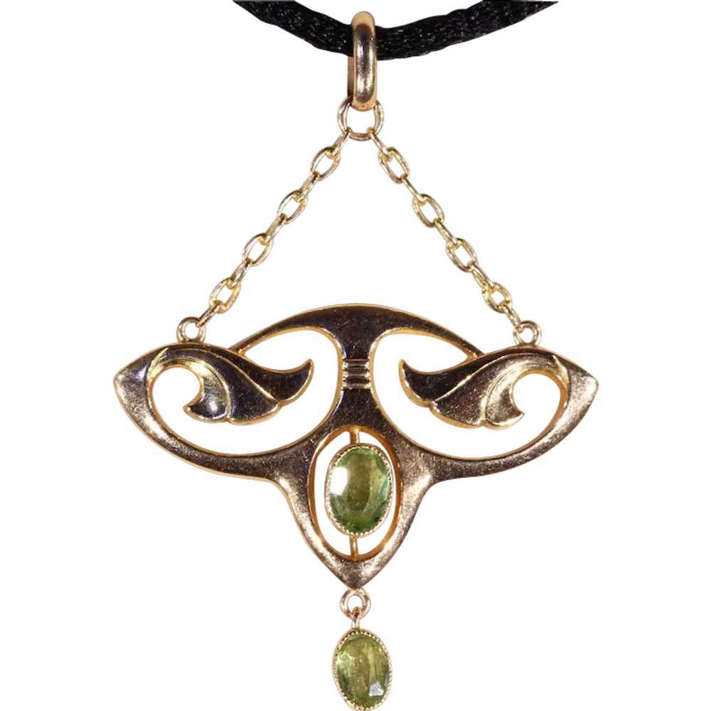 Antique Art Nouveau Peridot Pendant in 9k Gold, E… - image 1