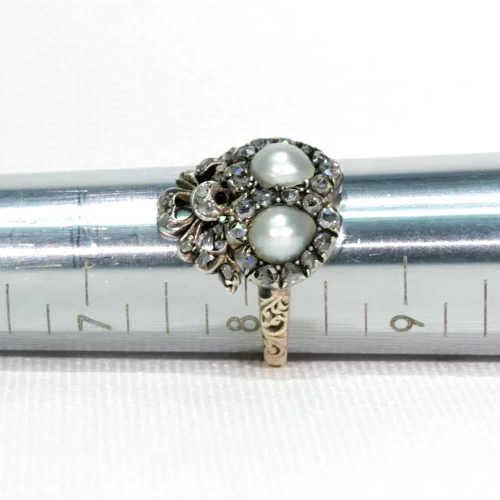Antique French Double Heart Pearl Diamond Ring - image 11
