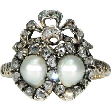 Antique French Double Heart Pearl Diamond Ring - image 1