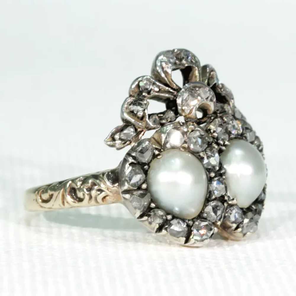 Antique French Double Heart Pearl Diamond Ring - image 2