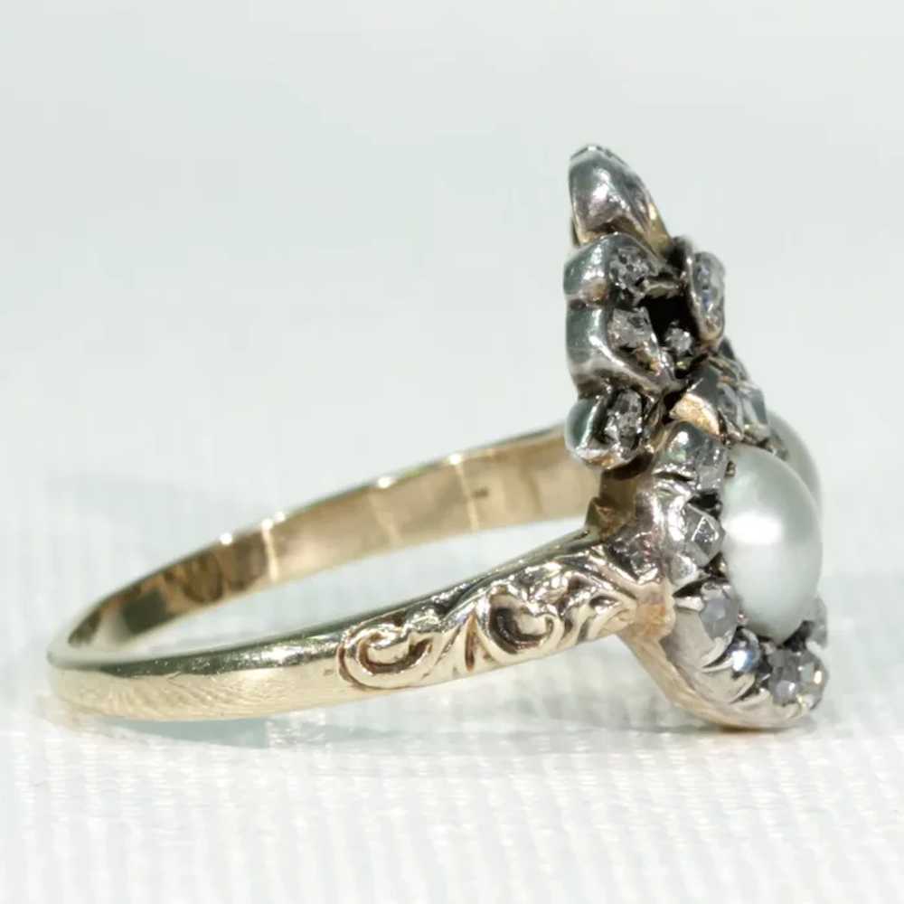 Antique French Double Heart Pearl Diamond Ring - image 4