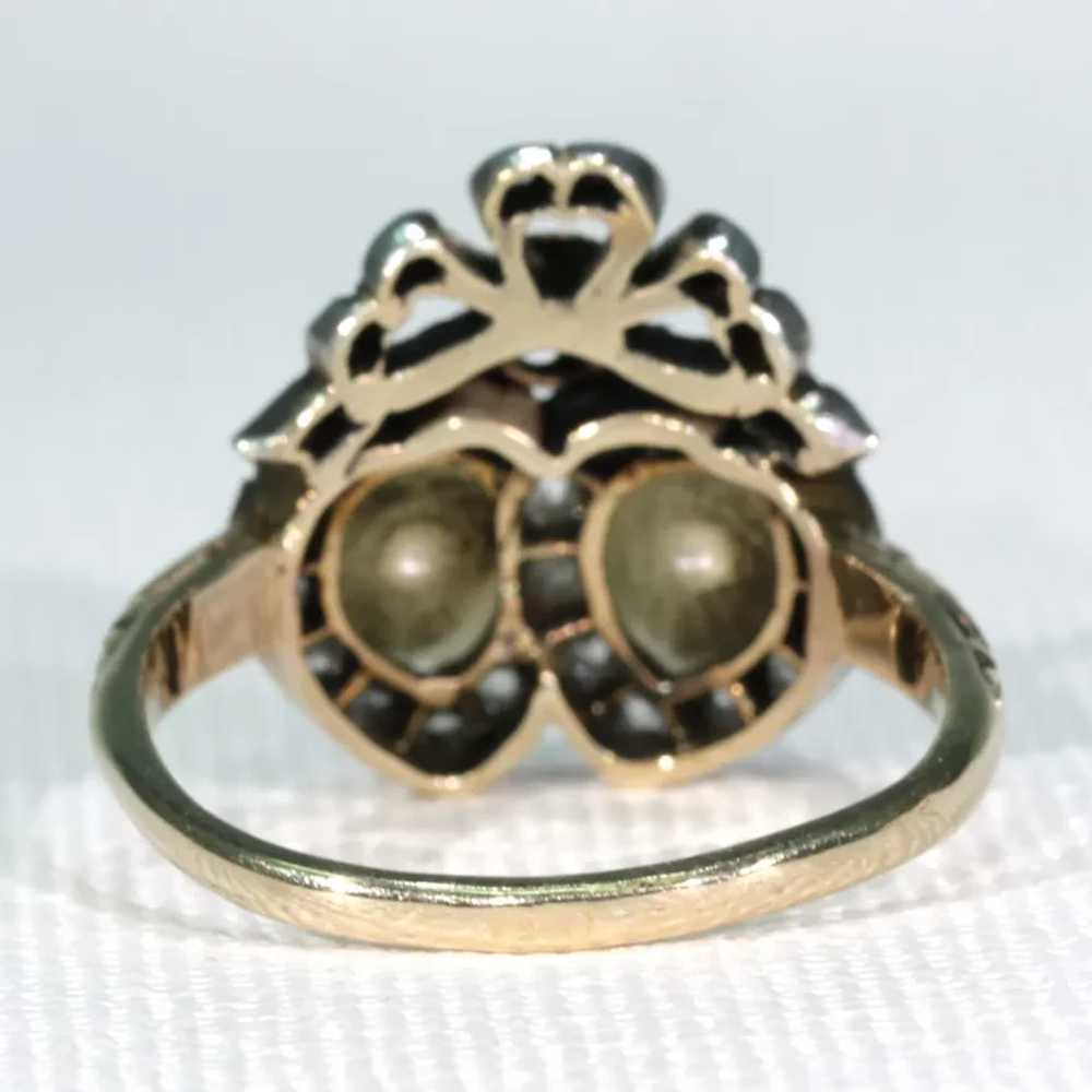 Antique French Double Heart Pearl Diamond Ring - image 5