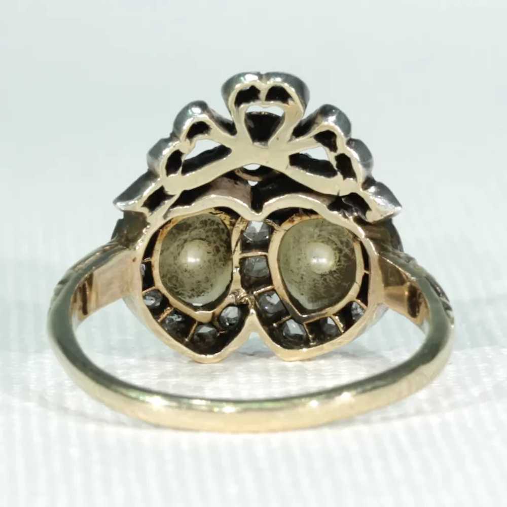 Antique French Double Heart Pearl Diamond Ring - image 6