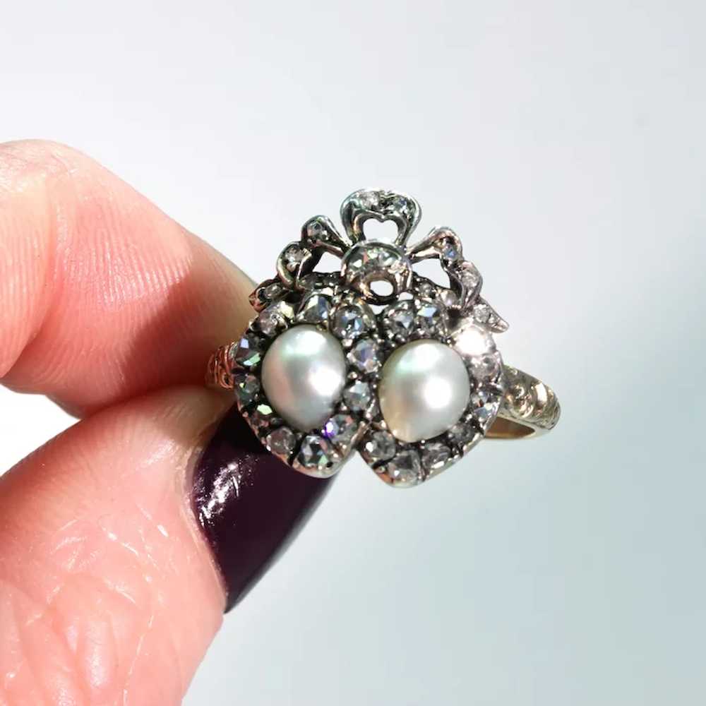 Antique French Double Heart Pearl Diamond Ring - image 7