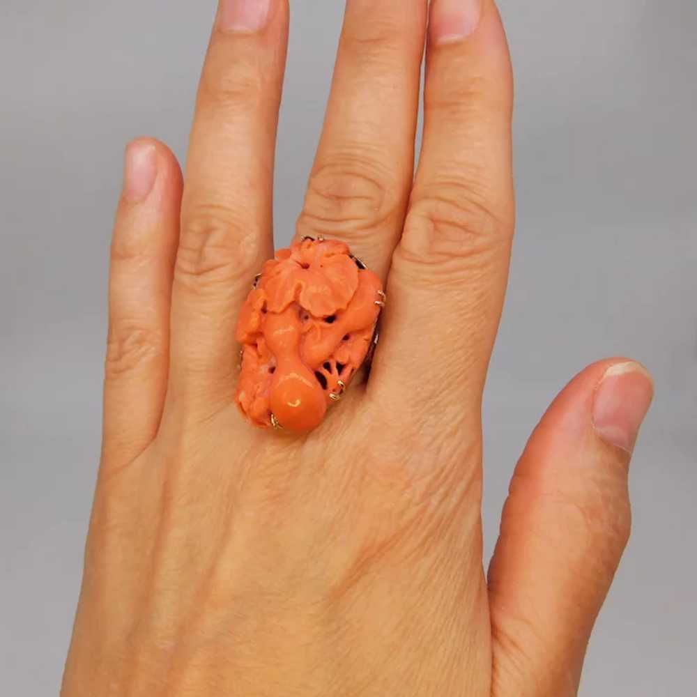 Antique Victorian Carved Salmon Red Coral 14K Yel… - image 10