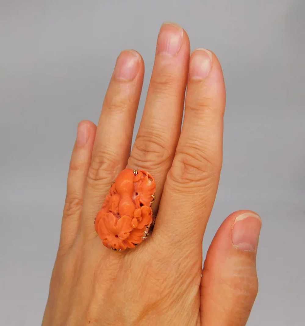 Antique Victorian Carved Salmon Red Coral 14K Yel… - image 11