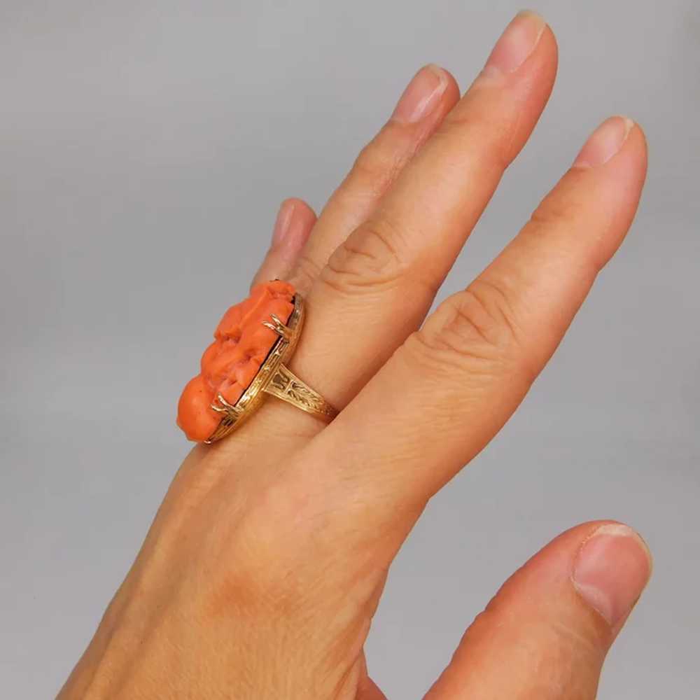 Antique Victorian Carved Salmon Red Coral 14K Yel… - image 12