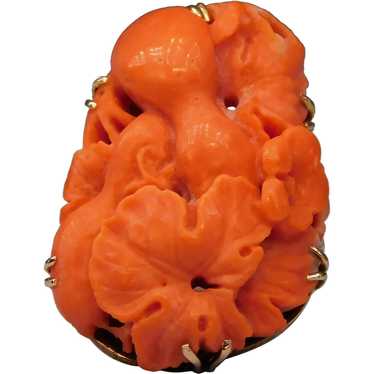 Antique Victorian Carved Salmon Red Coral 14K Yel… - image 1