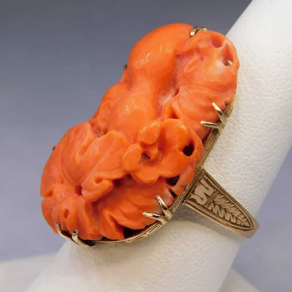 Antique Victorian Carved Salmon Red Coral 14K Yel… - image 3