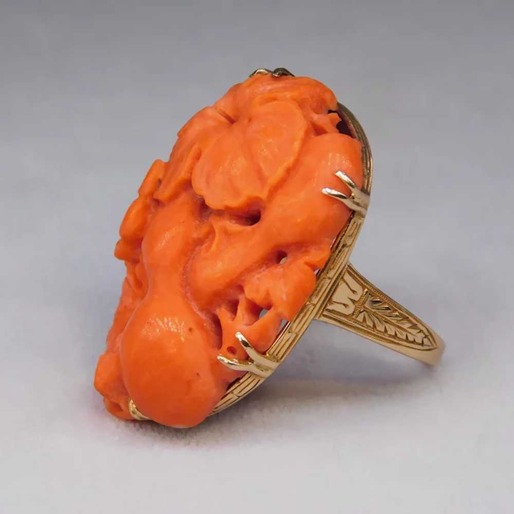 Antique Victorian Carved Salmon Red Coral 14K Yel… - image 4