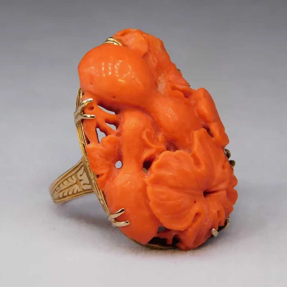 Antique Victorian Carved Salmon Red Coral 14K Yel… - image 7