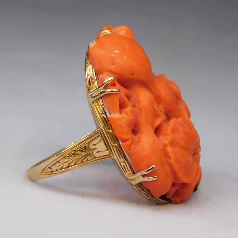 Antique Victorian Carved Salmon Red Coral 14K Yel… - image 8