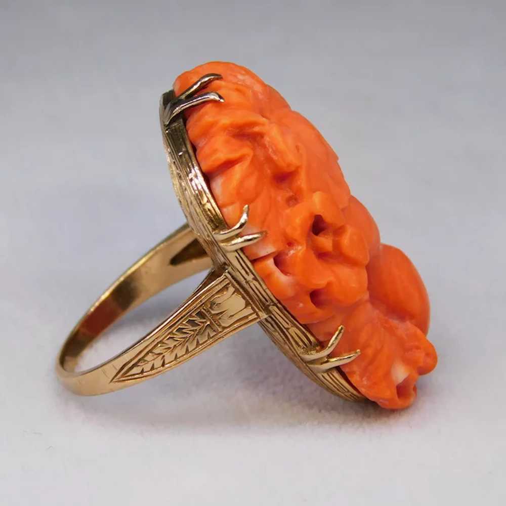 Antique Victorian Carved Salmon Red Coral 14K Yel… - image 9