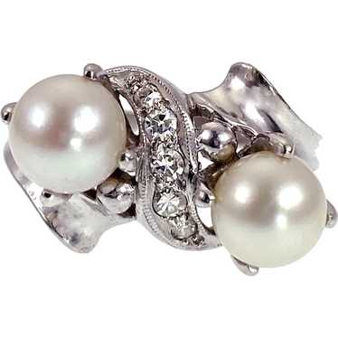 Vintage Mid-Century 14K, Pearl & Diamond Ring - image 1