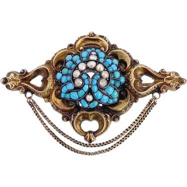 Antique 10K, Turquoise & Seed Pearl Brooch