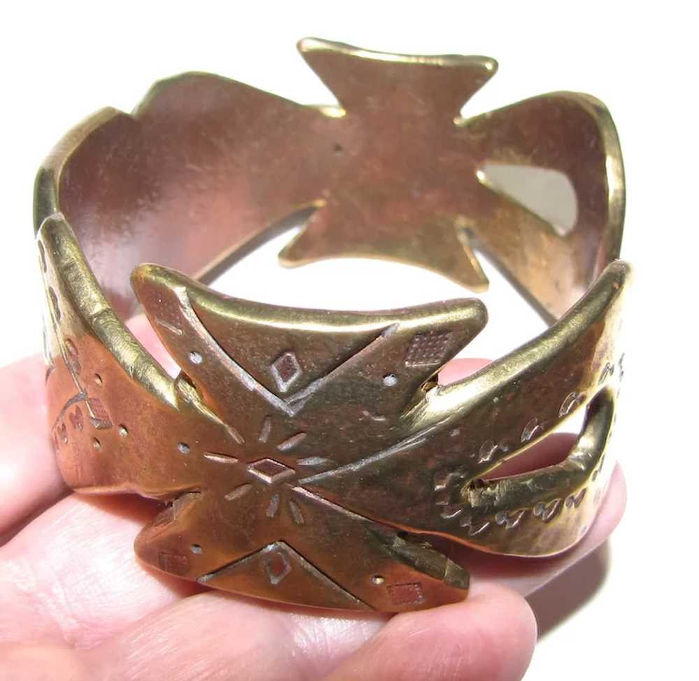 Large Hand Wrought Brass Tooled Cuff Bracelet Sig… - image 2