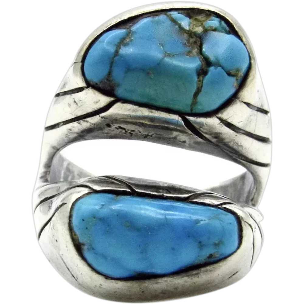 Navajo Sterling Silver Turquoise Ring - Double St… - image 1