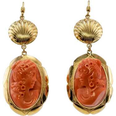 Red Coral Cameo Earrings 18K Gold Dangle Italian - image 1