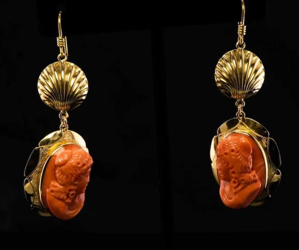 Red Coral Cameo Earrings 18K Gold Dangle Italian - image 2