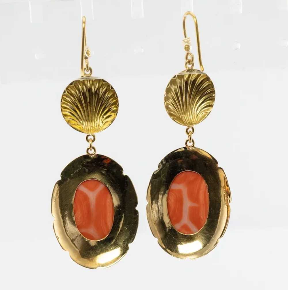 Red Coral Cameo Earrings 18K Gold Dangle Italian - image 3