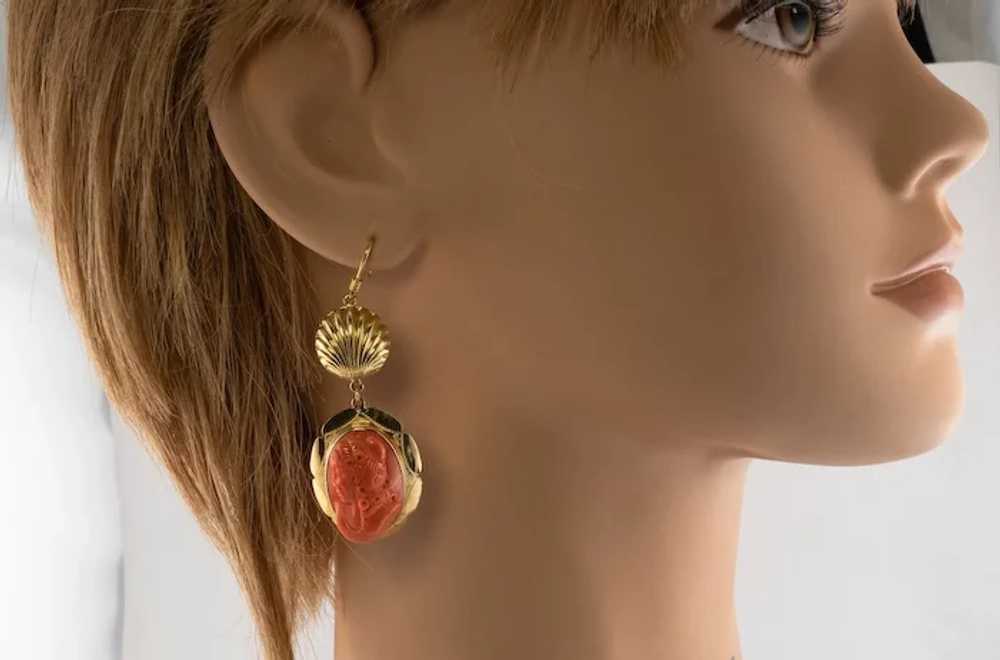 Red Coral Cameo Earrings 18K Gold Dangle Italian - image 4