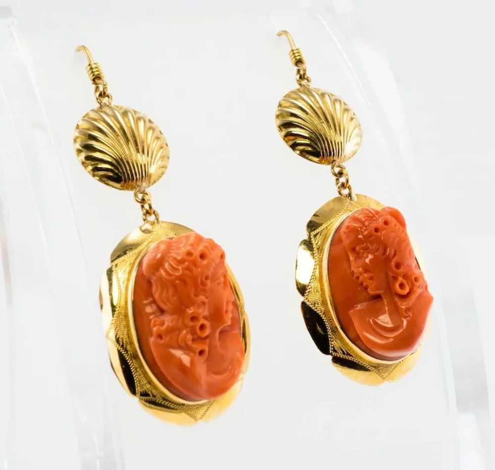 Red Coral Cameo Earrings 18K Gold Dangle Italian - image 5