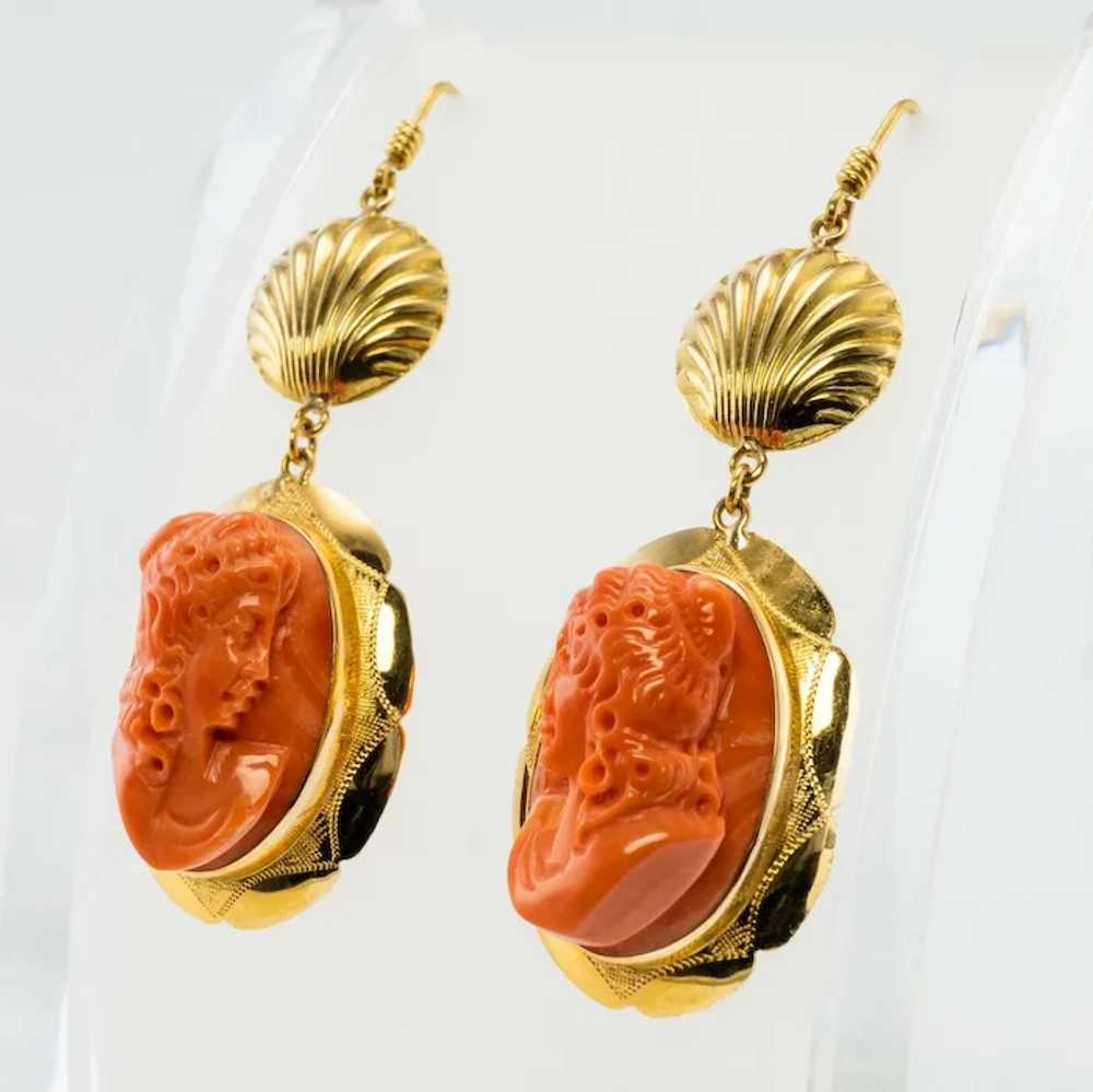 Red Coral Cameo Earrings 18K Gold Dangle Italian - image 6