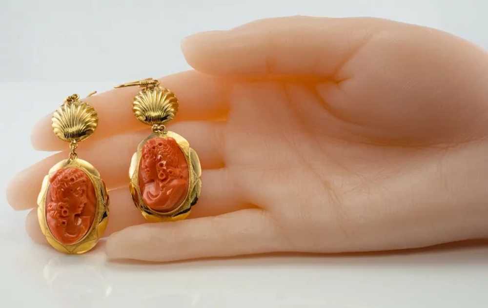 Red Coral Cameo Earrings 18K Gold Dangle Italian - image 7