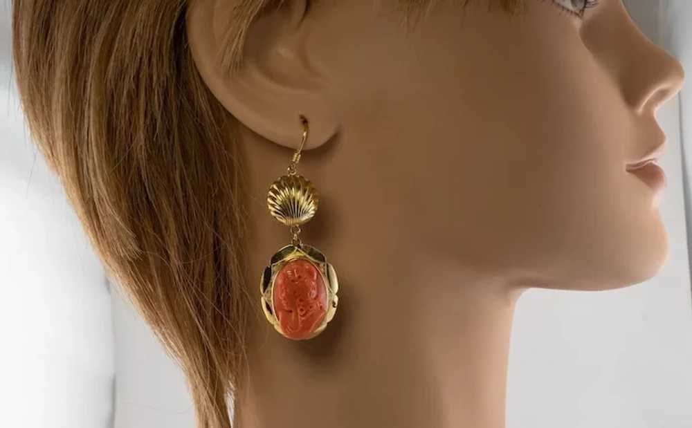 Red Coral Cameo Earrings 18K Gold Dangle Italian - image 9