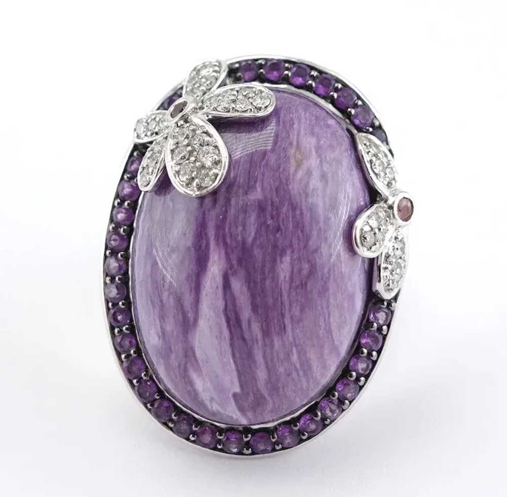 Diamond Charoite Amethyst Ring 14K Gold Flower Co… - image 2