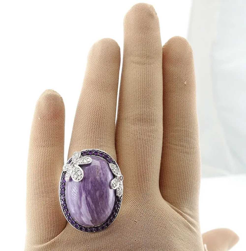 Diamond Charoite Amethyst Ring 14K Gold Flower Co… - image 3