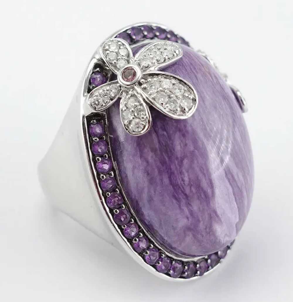 Diamond Charoite Amethyst Ring 14K Gold Flower Co… - image 6