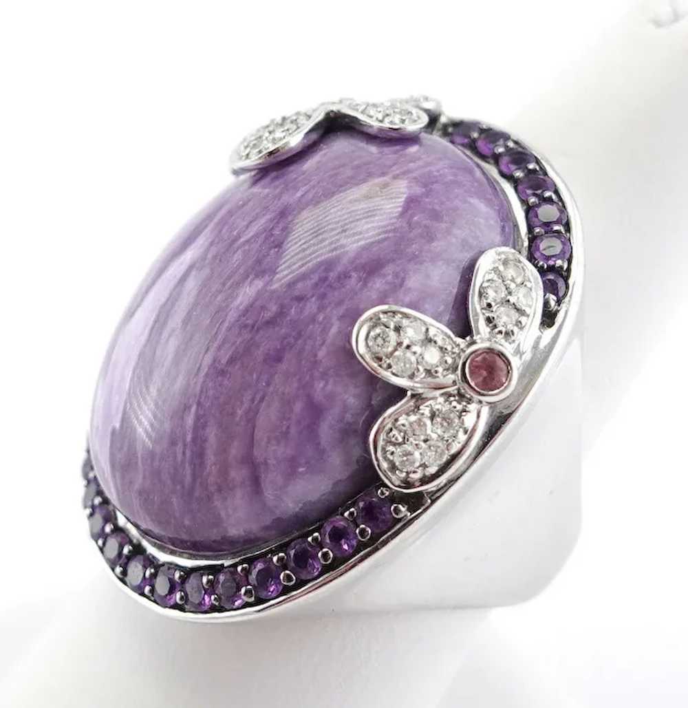 Diamond Charoite Amethyst Ring 14K Gold Flower Co… - image 7