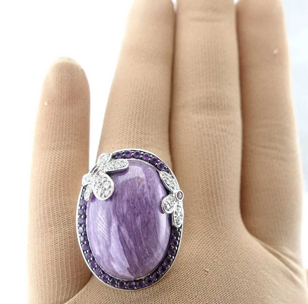 Diamond Charoite Amethyst Ring 14K Gold Flower Co… - image 8