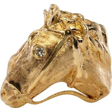 Diamond Horse Head Ring Animal 14K Gold Band Vint… - image 1