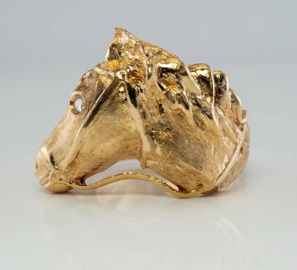 Diamond Horse Head Ring Animal 14K Gold Band Vint… - image 2
