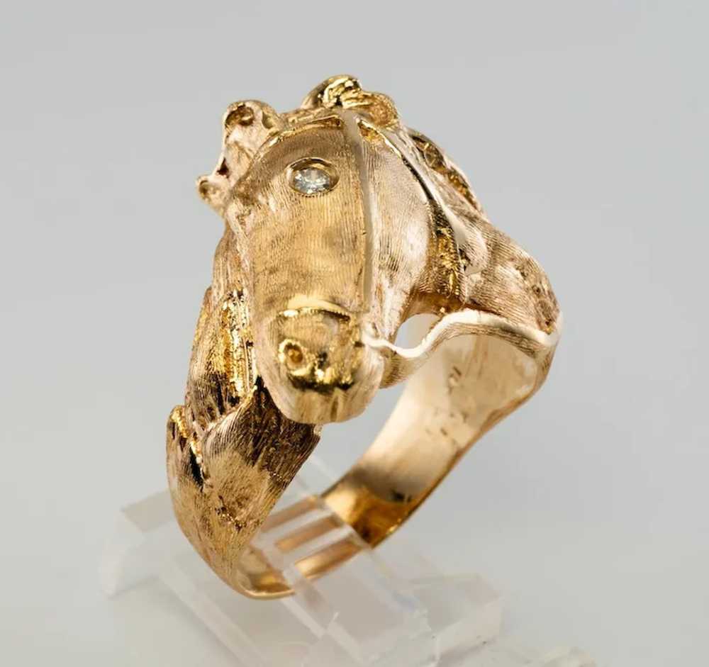 Diamond Horse Head Ring Animal 14K Gold Band Vint… - image 5