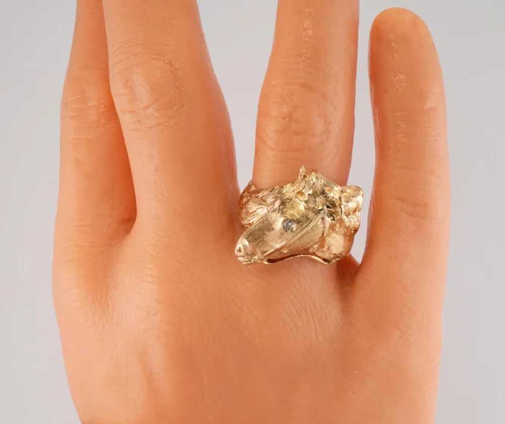 Diamond Horse Head Ring Animal 14K Gold Band Vint… - image 9