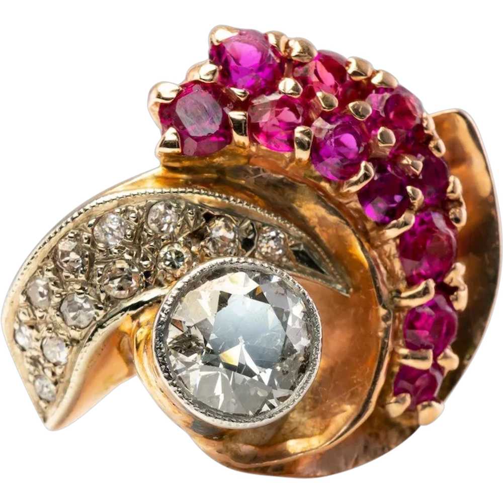 Diamond Ruby Ring 14K Rose Gold Spiral Cocktail O… - image 1