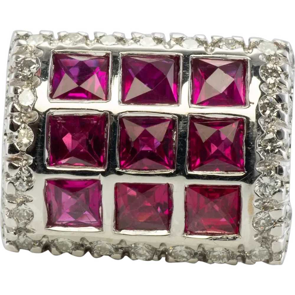 Diamond Ruby Ring 18K White Gold Band Vintage Geo… - image 1