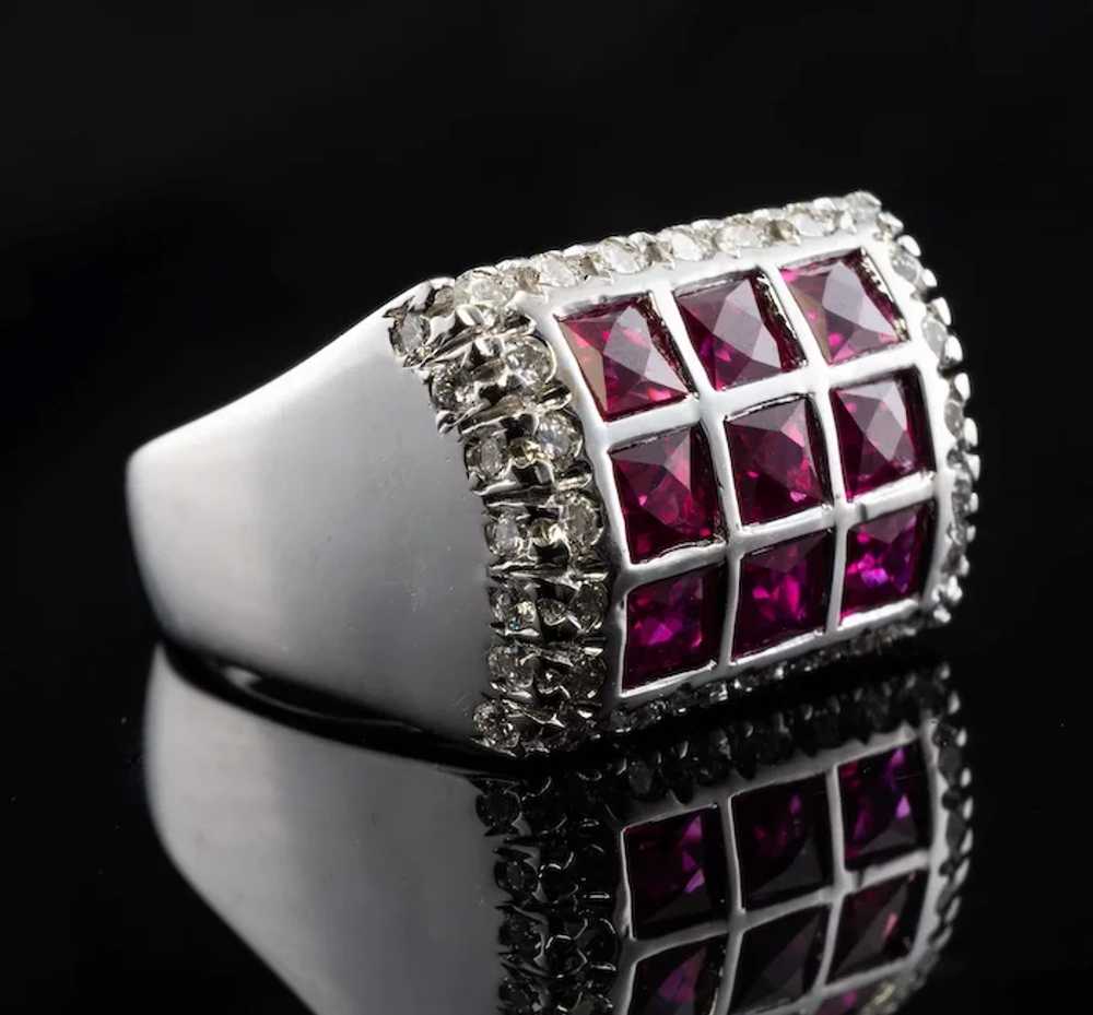 Diamond Ruby Ring 18K White Gold Band Vintage Geo… - image 2