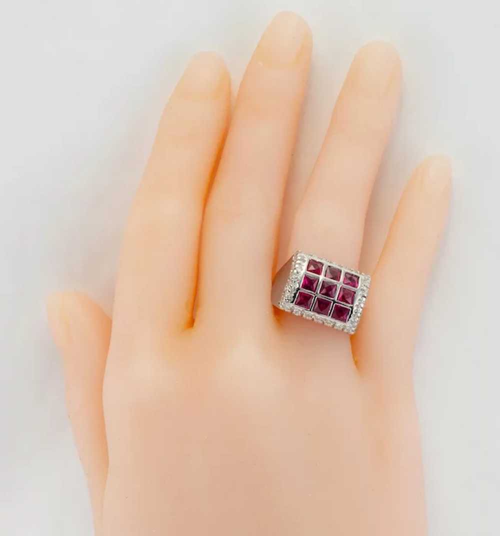 Diamond Ruby Ring 18K White Gold Band Vintage Geo… - image 3