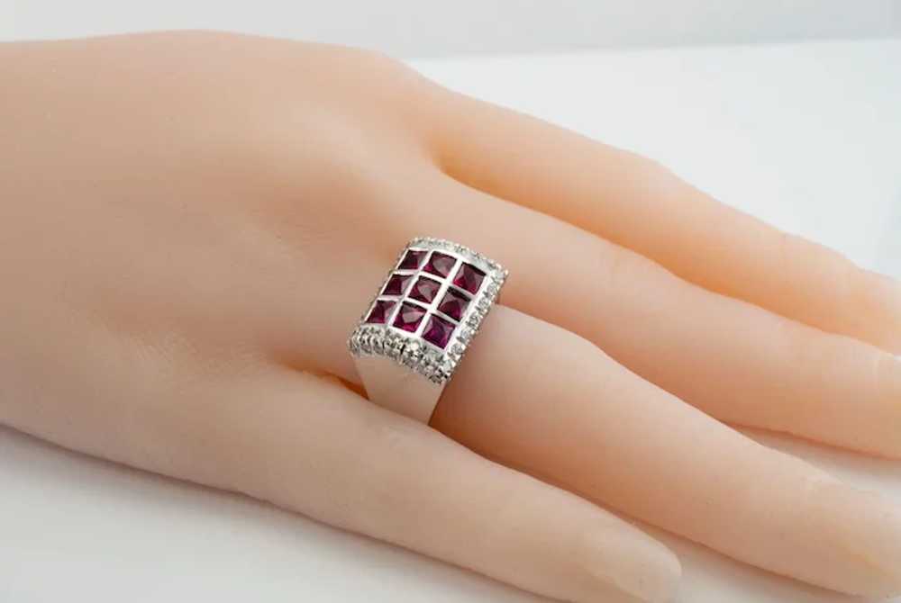 Diamond Ruby Ring 18K White Gold Band Vintage Geo… - image 9