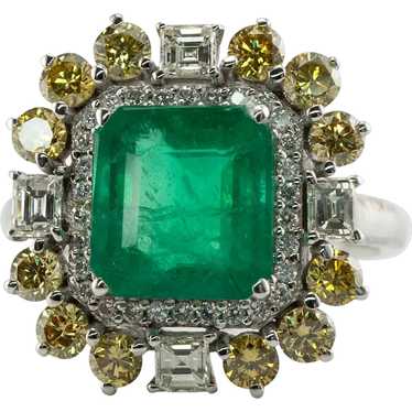 Zambian Emerald Ring White & Canary Diamonds  18K… - image 1