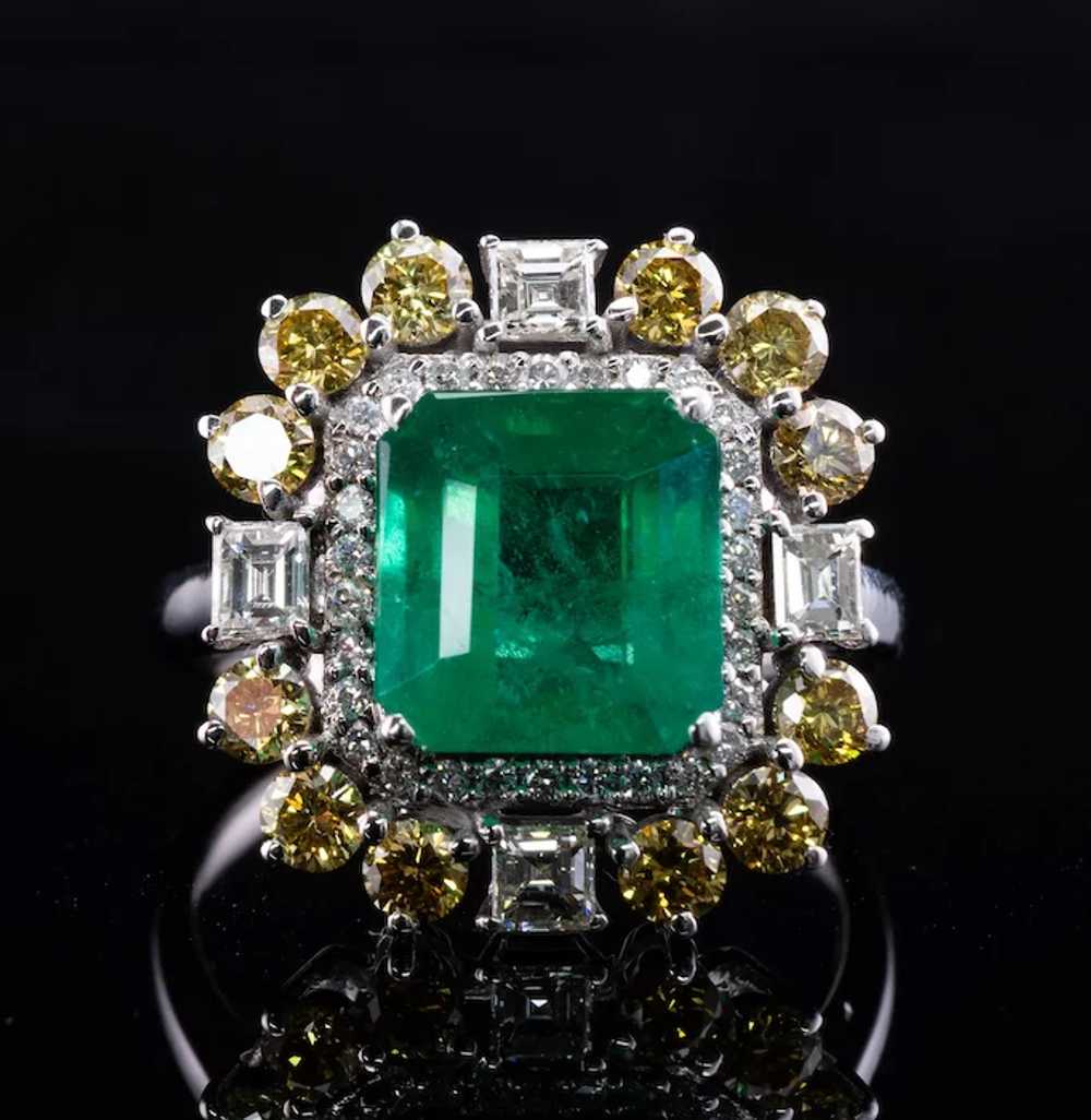 Zambian Emerald Ring White & Canary Diamonds  18K… - image 2