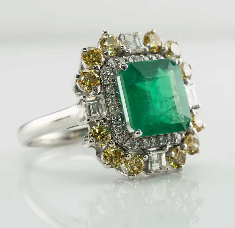 Zambian Emerald Ring White & Canary Diamonds  18K… - image 3