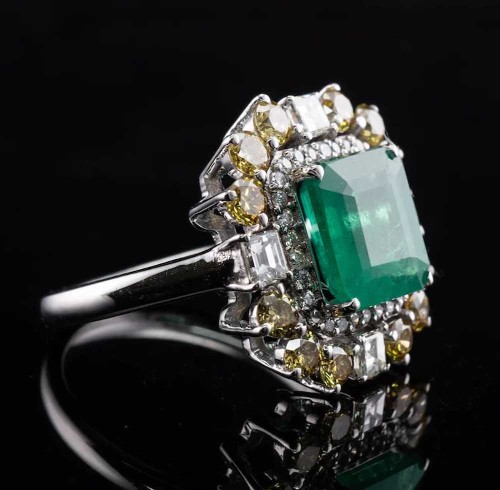 Zambian Emerald Ring White & Canary Diamonds  18K… - image 6