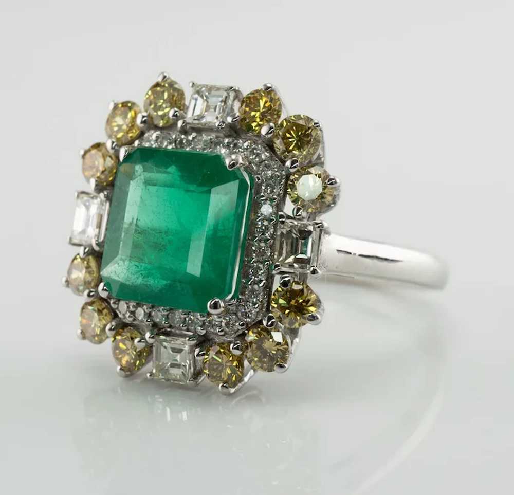 Zambian Emerald Ring White & Canary Diamonds  18K… - image 7